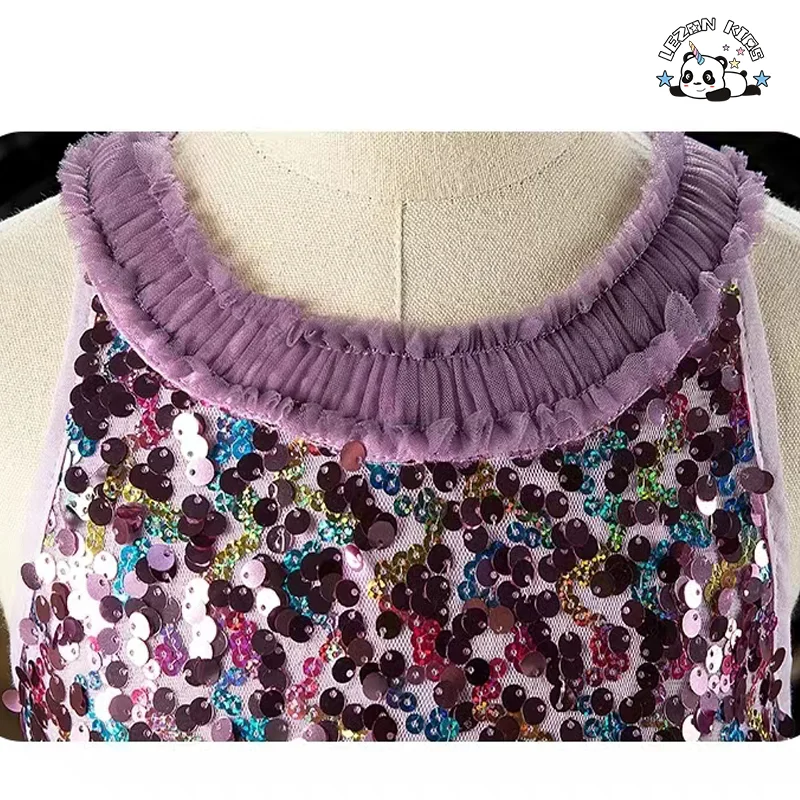 LEZONKIDS - Vestido de Princesa Sequado Personalizado para Crianças sem Mangas com Bloco de Cores em Tule